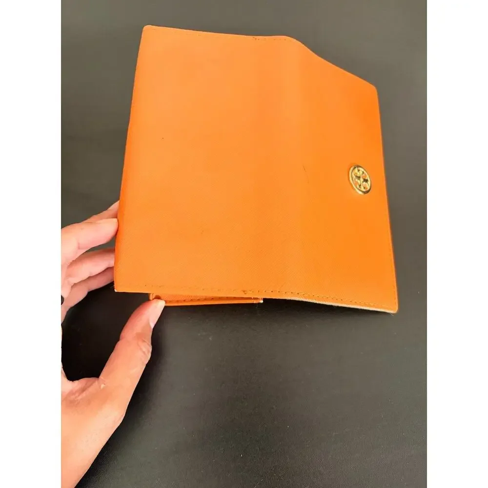 Tory Burch Orange Saffiano Leather Folding Eyeglass Sunglasses Case Gold Logo